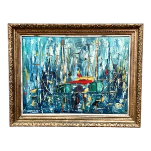 Vintage Mid Century Modern Oil on Canvas Abstract Sailboats Framed Painting
