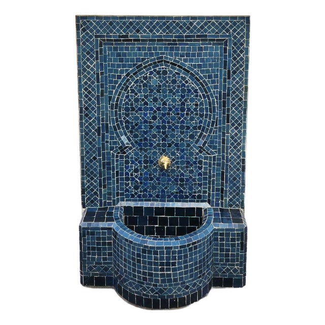 Petrol Blue Handmade Moroccan Mosaic Tile Fountain For Sale