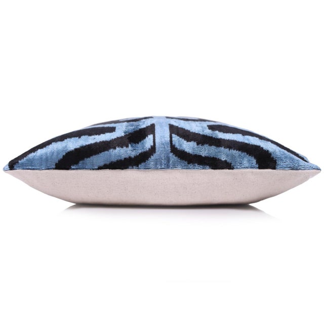 Black Blue Black Zebra Silk Velvet Pillow – 16x16 Handmade Ikat Cushion For Sale - Image 8 of 9