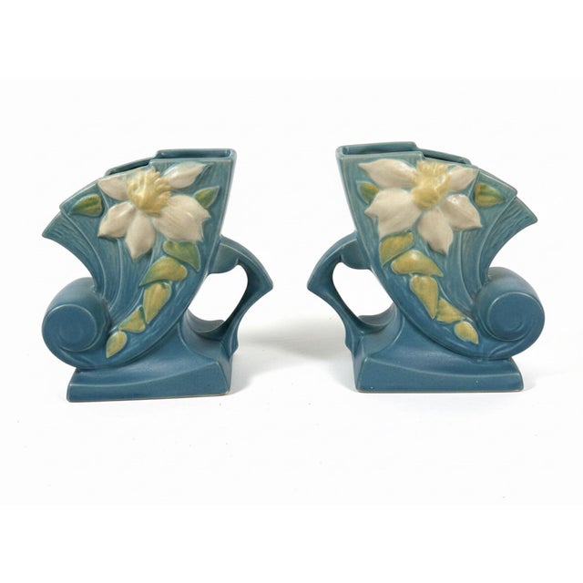 Roseville Pottery Pair of 1940s Roseville Clematis 193-6 Blue Cornucopia Vases For Sale - Image 4 of 6