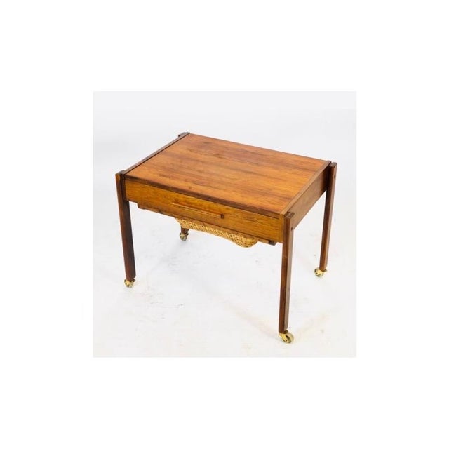 Mid 20th Century Near Pair of Danish Modern Sewing /Side Tables With Woven Baskets in the Style of p.j. Møbler – Rosewood & Teak For Sale In Raleigh - Image 6 of 11