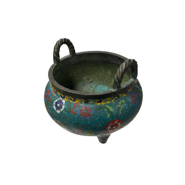 Vintage Turquoise Enamel Metal Round Ding Incense Burner Display Art For Sale - Image 4 of 7