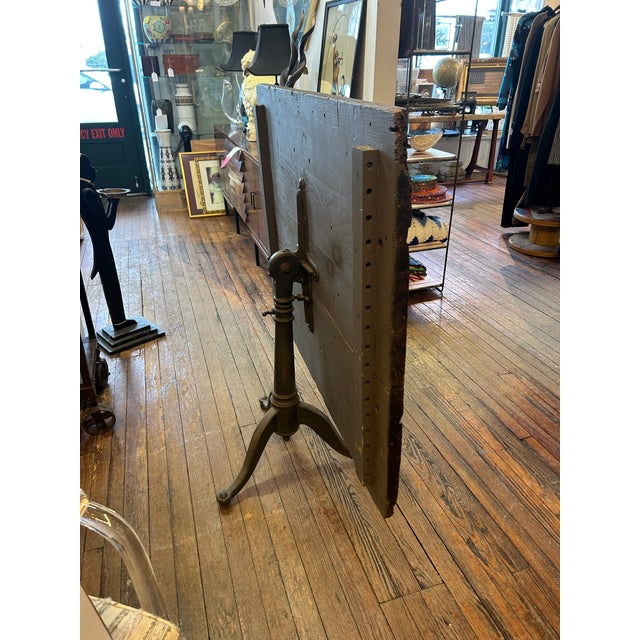 Yellow Industrial Salvaged Tilt Top Wood Work Table With Iron Base For Sale - Image 8 of 18