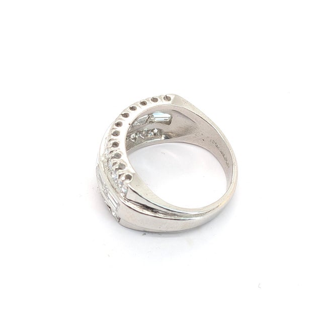 Silver Vintage Platinum Three-Row Band With Round & Baguette Diamonds - Size 4.5 For Sale - Image 8 of 9