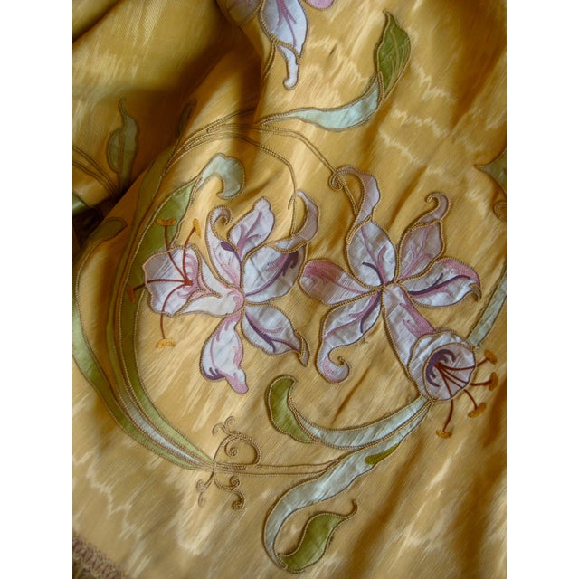French Art Nouveau Yellow Moire Silk and Flowers Castle Curtains Drapes - A Pair For Sale - Image 6 of 12