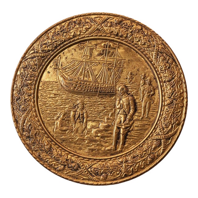 Vintage Embossed Brass Wall Charger With European Maritime Relief Scene — 14” Decorative Hanging Plate For Sale
