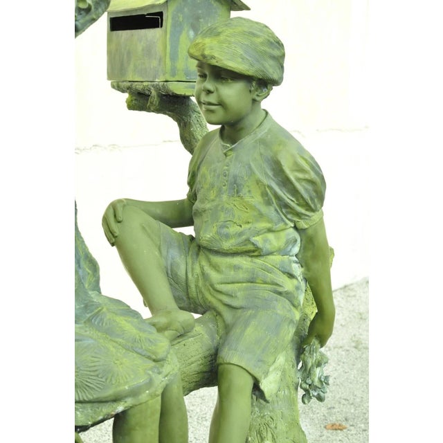 Victorian Late 20th Century Jim Davidson Large Bronze Verdigris Mailbox Garden Statue Boy and Girl on Tree For Sale - Image 3 of 12