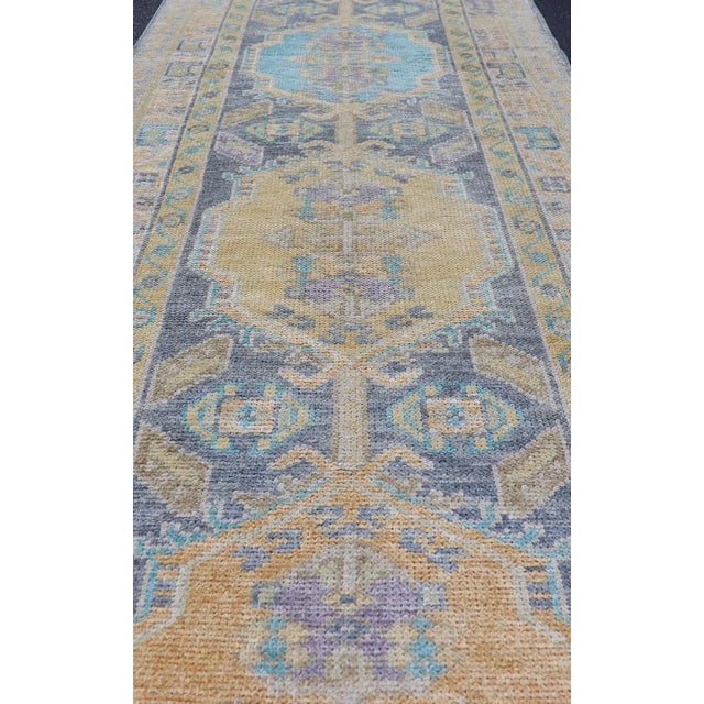 Turkish Oushak Runner in Pale Blue and Soft Gold Medallion Design 2'7 X 12'1 For Sale In Atlanta - Image 6 of 11
