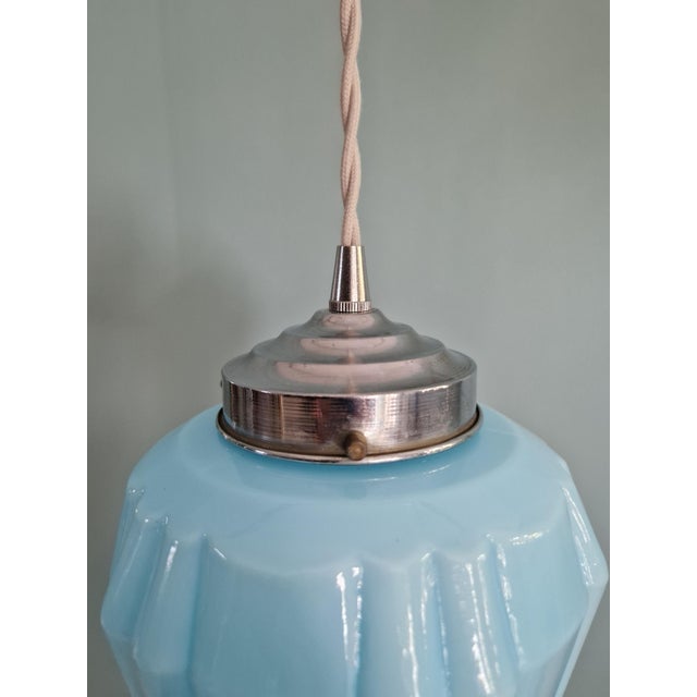 Art Deco Pendant Light in Pressed Molded Opaline Glass and Blue Color, 1920s For Sale - Image 6 of 12