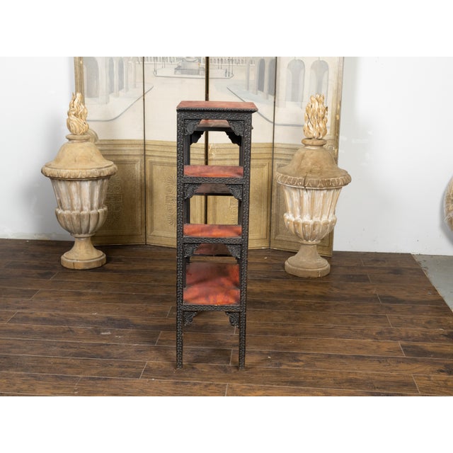 Anglo-Indian 1930s Black Painted Tiered Shelf with Carved Scrolling Foliage For Sale - Image 9 of 11