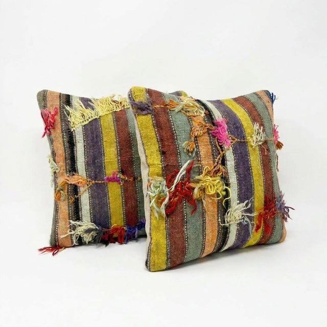 Mid-Century Modern Handwoven Turkish Kilim Rug Pillow Cover 24'' X 24'' - Set of Two For Sale - Image 3 of 4