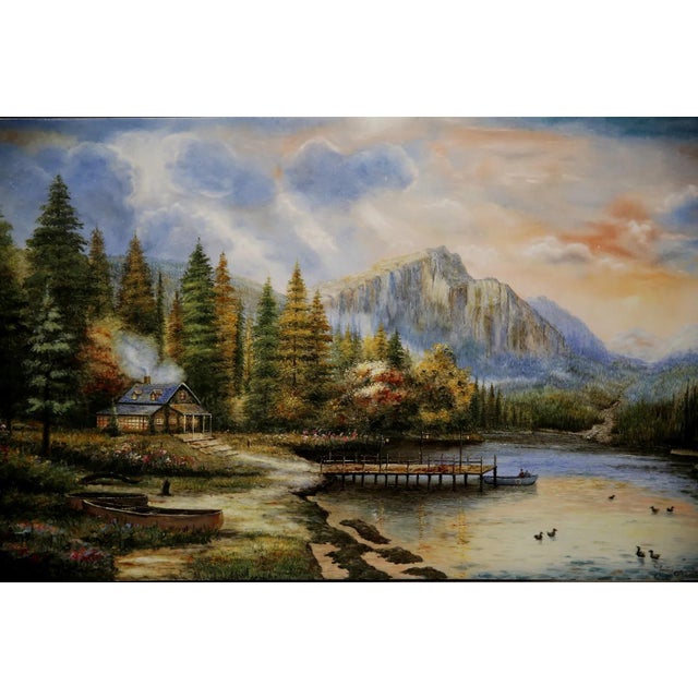 High Quality KPN Plaque Oil on Porcelain 17.25" x 27.25" Landscape with a cabin by a lake with boats