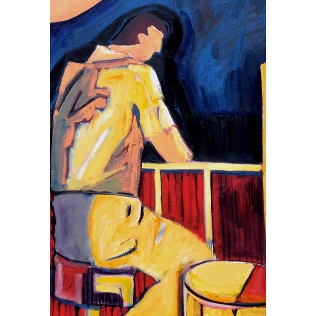 Modernist painting of pensive man at bar by Michael William Eggleston (American, 20th c.). From a collection of his works....