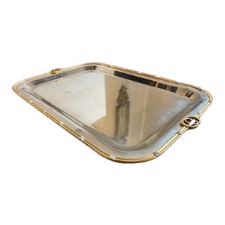 1970s Gucci Mirrored Silver Plate and Brass Rectangular With Logo as Handles, Italy For Sale