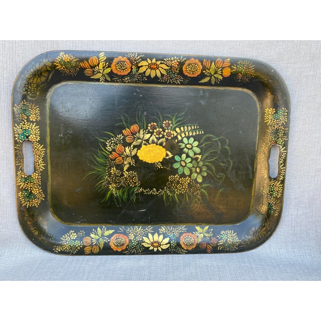 Traditional Antique Hand Painted Tole Serving Tray For Sale - Image 3 of 12