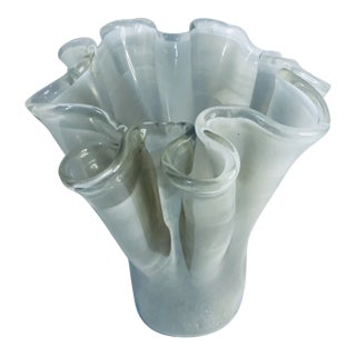 Vintage MCM Murano Large Glass Ruffled Top Vase For Sale