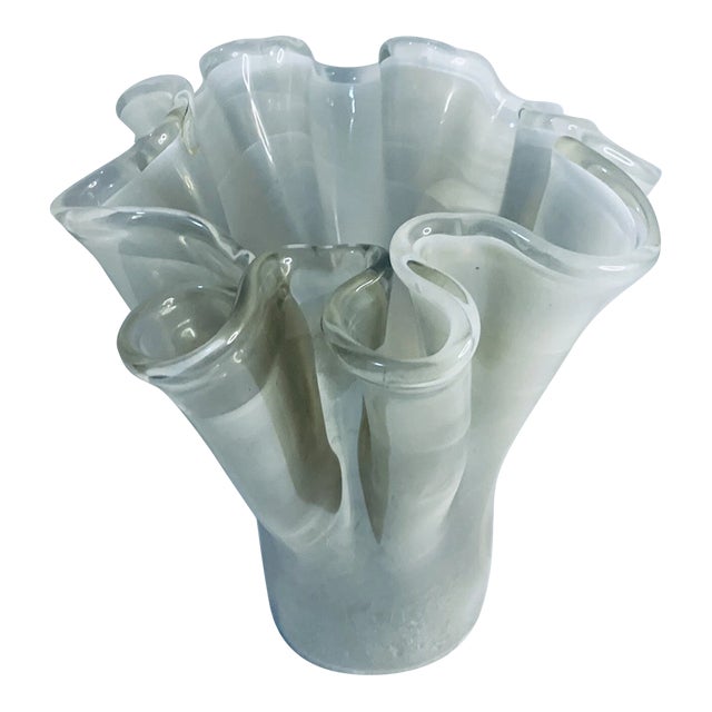 Vintage MCM Murano Large Glass Ruffled Top Vase For Sale