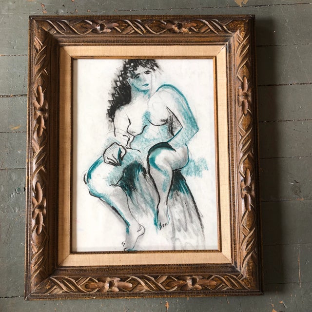 1970’s Vintage Female Nude Pastel Drawing Vintage Carved Wood Frame For Sale - Image 4 of 4