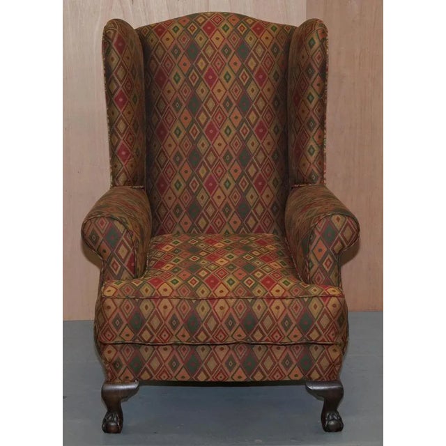 Vintage Wingback Armchair with Claw & Ball Feet and Kilim Style Upholstery For Sale - Image 5 of 18