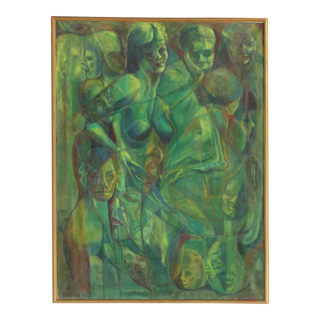 Vintage Modernist Abstract FIgurative Green Acrylic Painting, Framed For Sale
