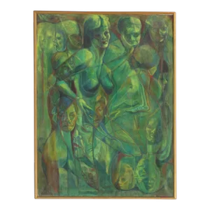 Vintage Modernist Abstract FIgurative Green Acrylic Painting, Framed