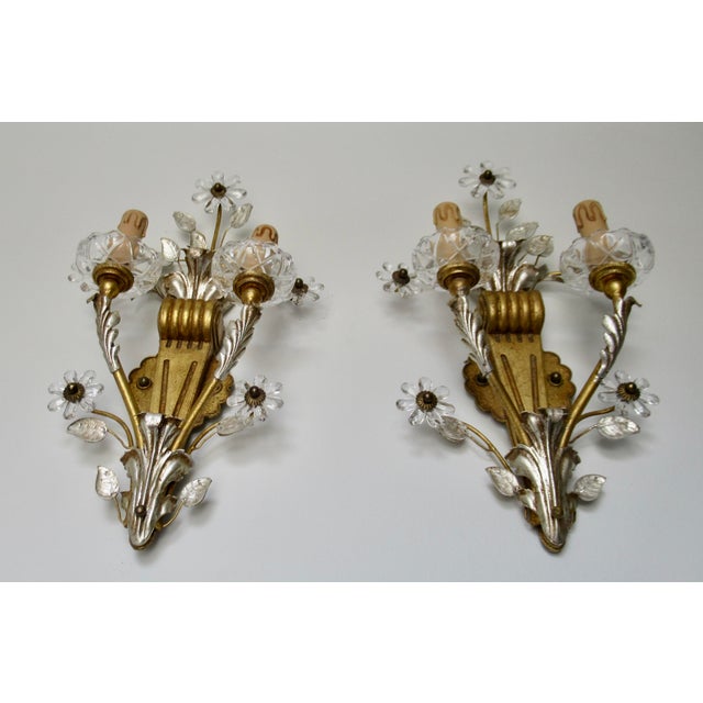 Early 20th Century Banci Gilt & Silvered Bronze Sconces, Italian With Rock Crystal Floral Motif Design -Pair For Sale - Image 11 of 18