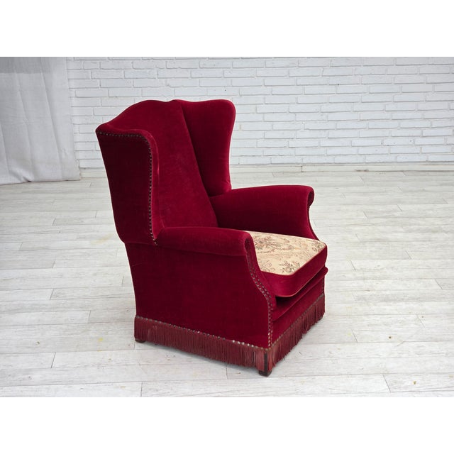 Mid-Century Modern Danish Highback Armchair in Red Velour and Ash, 1970s For Sale - Image 3 of 18