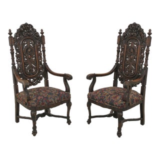Pair Rj Horner Attributed Carved Walnut Throne Chairs For Sale
