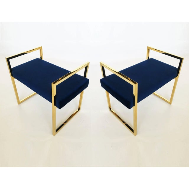 Blue Pair of Polished Brass Benches in the Style of Charles Hollis Jones For Sale - Image 8 of 8