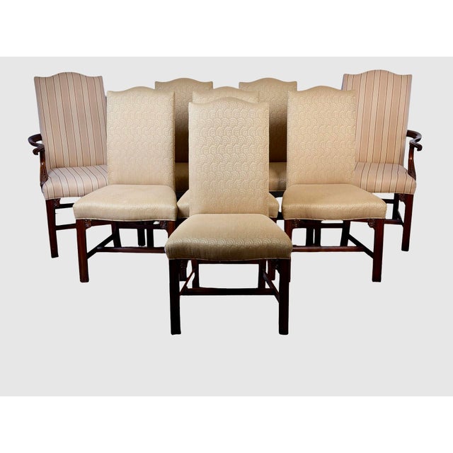This handsome set of eight dining chairs by Henkel Harris combines traditional Chippendale-inspired craftsmanship with the...