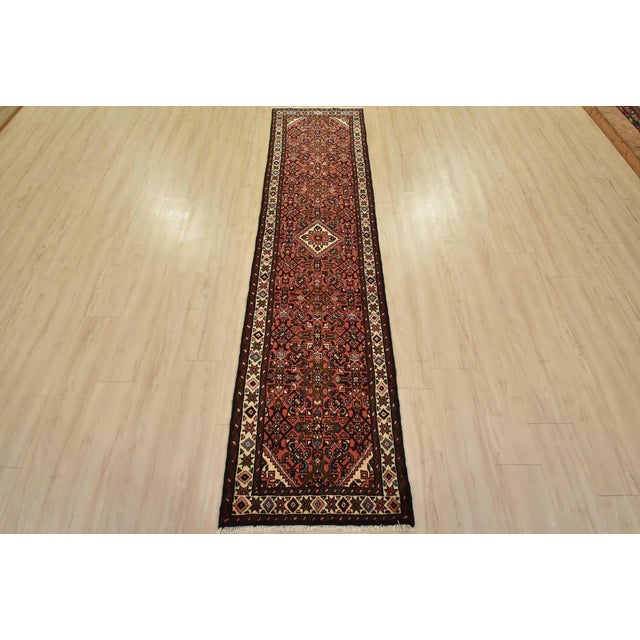 Tribal Hamedan Runner 2’4” X 9’7” Red Wool Vintage Tribal Hand-Knotted Rug For Sale - Image 3 of 13