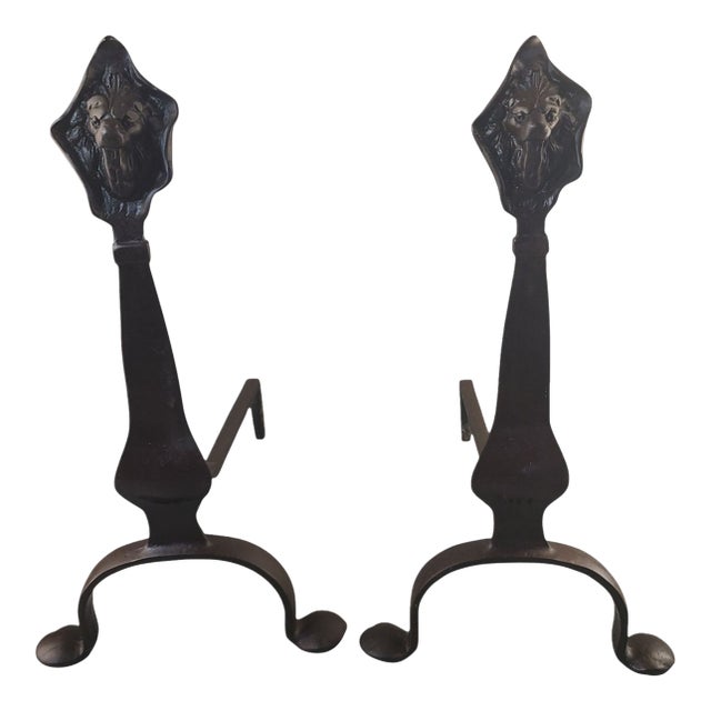 Antique Arts & Crafts Hand Forged Iron Figural Lions Head Fireplace Andirons Marked- a Pair For Sale