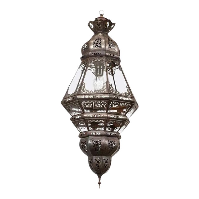 Moroccan Moorish Filigree Metal and Clear Glass Lantern For Sale