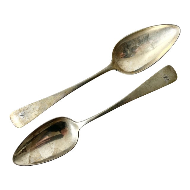 Pair of Early 19th Century Coin/900 Silver Spoons - Monogram "R" - Large Tablespoons or Small Serving Spoons For Sale