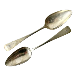 Pair of Early 19th Century Coin/900 Silver Spoons - Monogram "R" - Large Tablespoons or Small Serving Spoons