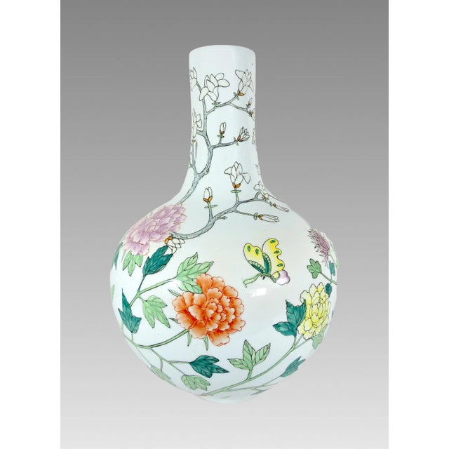 Chinoiserie Large Chinese White Porcelain Flower Vase With Foliage & Butterflies, Tianqiuping, Signed H22" For Sale - Image 3 of 10