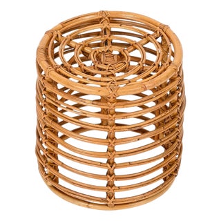 Rattan and Wicker Round Pouf Stool attributed to Tito Agnoli, Italy, 1960s For Sale