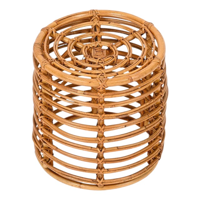 Rattan and Wicker Round Pouf Stool attributed to Tito Agnoli, Italy, 1960s For Sale