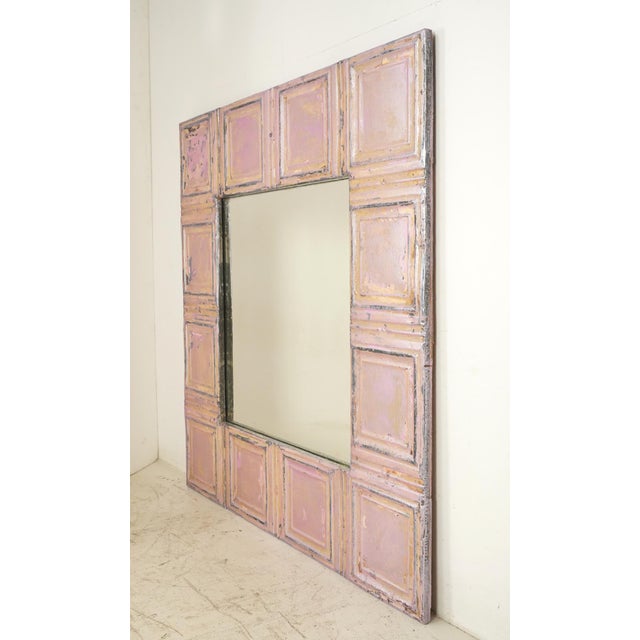 Traditional Handcrafted Antique Pink Tin Ceiling Square Mirror 46 X 46 In. For Sale - Image 3 of 6