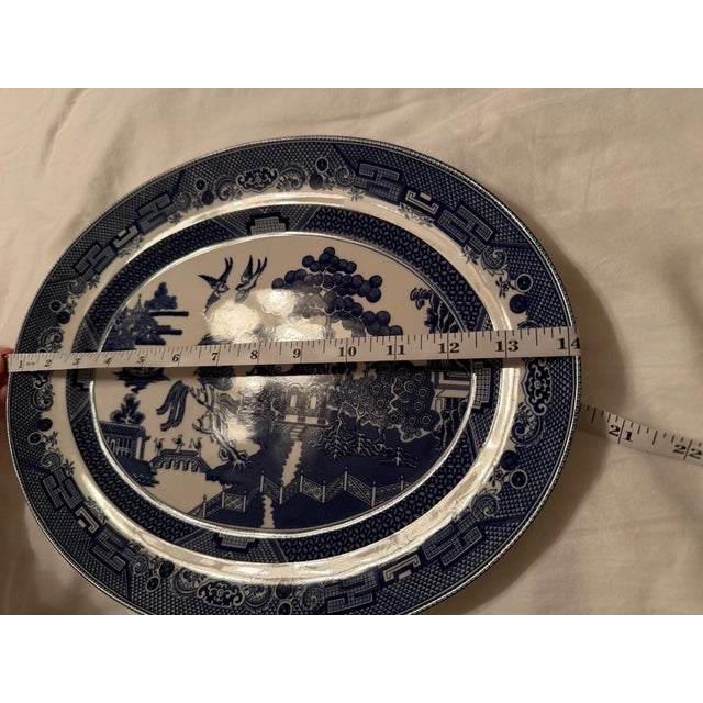 Johnson Brothers Vintage MCM Johnson Bros England Blue & White Willow Oval Ceramic Platter For Sale - Image 4 of 5