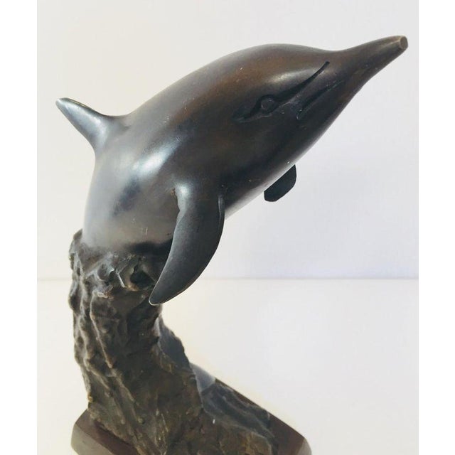 Vintage Pair of Bronze Dolphin Bookends, Mid-Century Nautical Sculptural Decor For Sale - Image 10 of 13