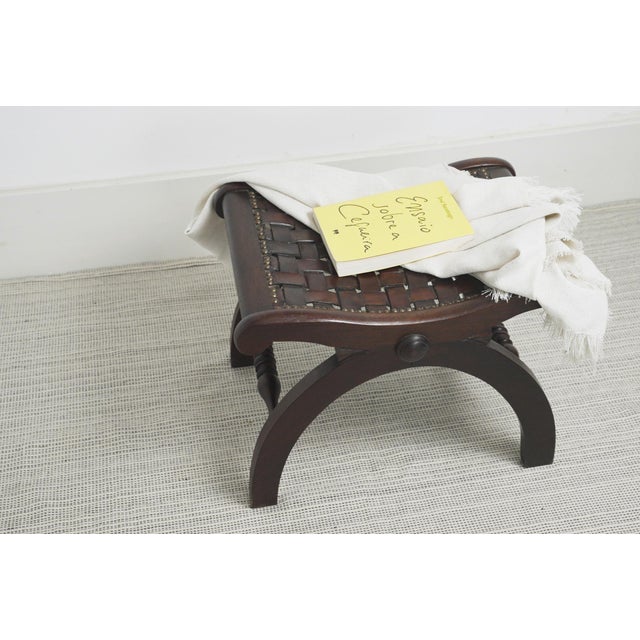 Spanish Revival Wooden and Woven Leather Ottoman, 1940s For Sale - Image 9 of 11