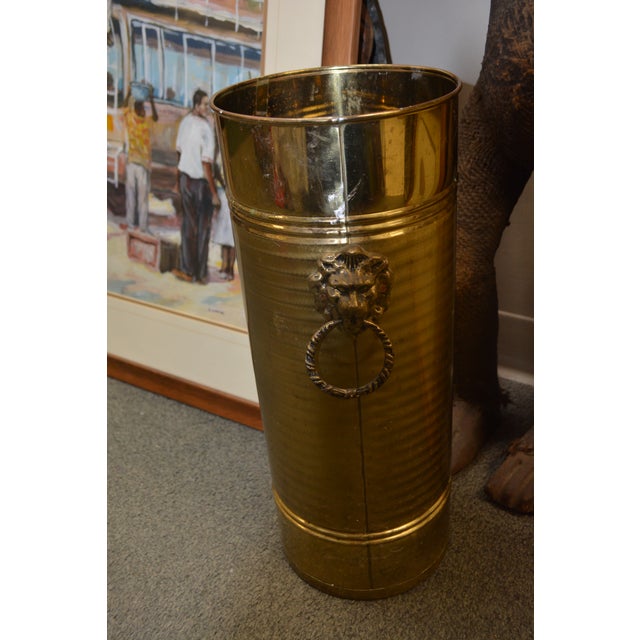 Vintage Hammered Brass Umbrella or Stick Stand W/ Lion Head Handles & Copper Base For Sale - Image 6 of 16