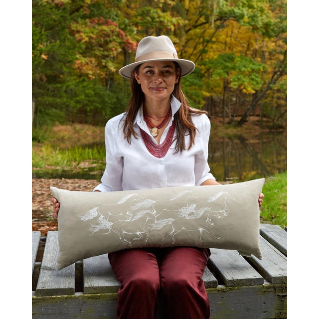 2020s Running Horses Long Lumbar Pillow, Taupe and Cream For Sale - Image 5 of 5
