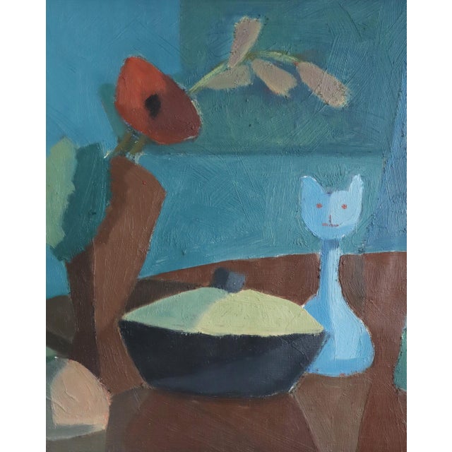 Teal Mid-Century Modern 'Still Life With Cat Figurine' Vintage Swedish Original Geometric Interior Oil Painting, Framed For Sale - Image 8 of 10