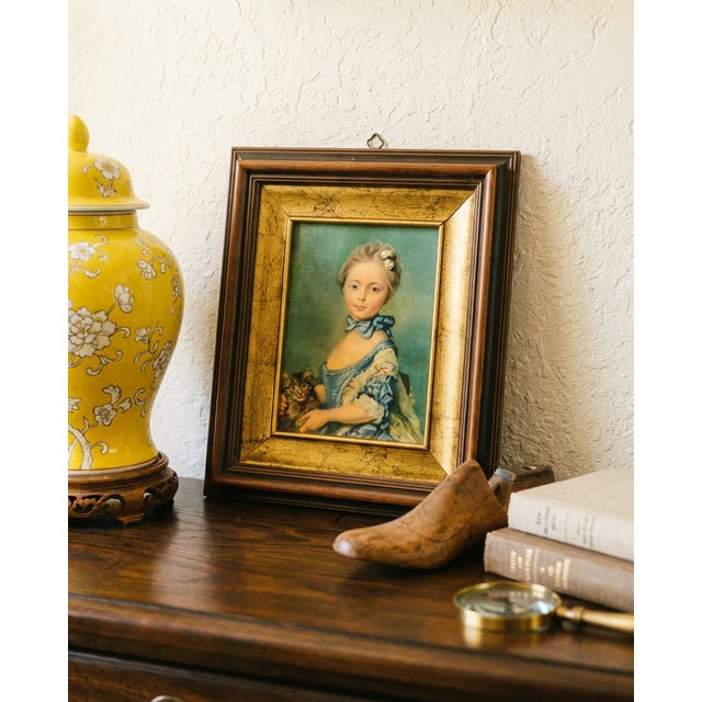 Vintage framed hand-painted reproduction portrait on metal plaque, after Jean-Baptiste Perronneau’s “A Girl with a Kitten”...