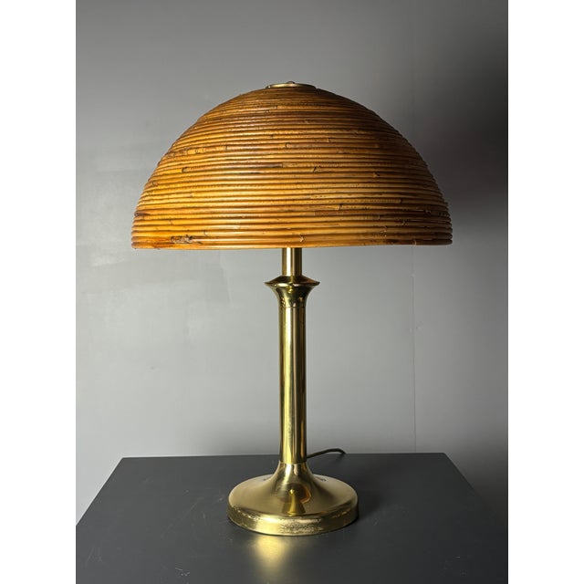 Mid-Century Italian Pencil Reed, Rattan and Brass Mushroom Table Lamp, 1970s For Sale - Image 9 of 17