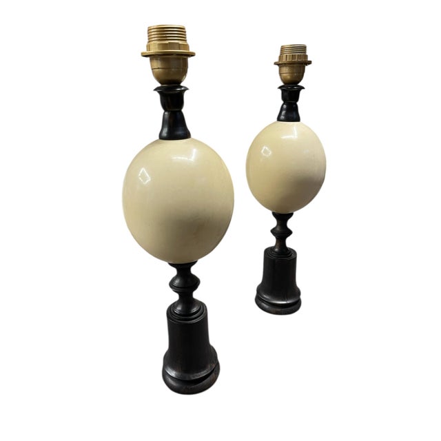 Vintage Exotic Wood and Ostrich Egg Lamps from Maison Jansen, 1950s, Set of 2, in Good conditions. Designed 1950 to 1959 I...