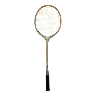Vintage Blue Wooden Badminton Racket for Designer Decorating Wood Racquet Beach House Wall Decor For Sale