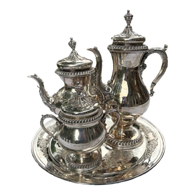 1920’s Silver (Plate) Coffee Tea Set St James Pattern With Gadroon:Rope Twist Borders & Highly Domed Lids Stunner For Sale